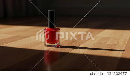 Nail polish bottle on floor with soft daylight, clear shadow,and glossy red finish in photorealistic 134102477