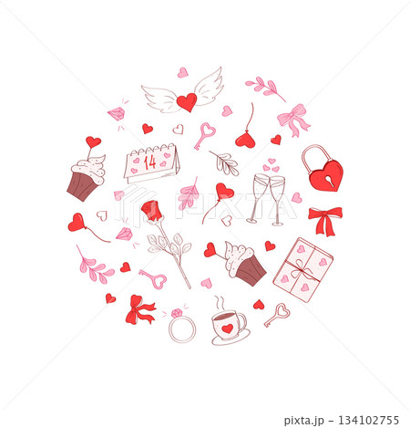 Love elements set. Valentine's day hand drawn decorative elements. Cartoon doodle icons. Vector flat illustration. 134102755