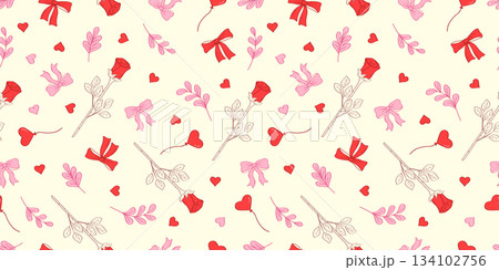 Seamless pattern Valentine's day hand drawn decorative elements. Cartoon doodle love icons. Vector background illustration. Seamless pattern Valentine's day hand drawn decorative elements. Cartoon doodle love icons. Vector background illustration. 134102756