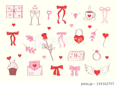 Cute Valentine's Day set. Hand drawn decorative elements collection bows, gift, postcard, hearts, love letters, rose, cupcake, champagne. Vector illustration of coquette chic doodle style. Cute Valentine's Day set. Hand drawn decorative elements collection bows, gift, postcard, hearts, love letters, rose, cupcake, champagne. Vector illustration of coquette chic doodle style. 134102757