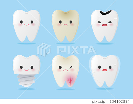 Cute Dental Cartoon Collection Showing Six Tooth Conditions 134102854