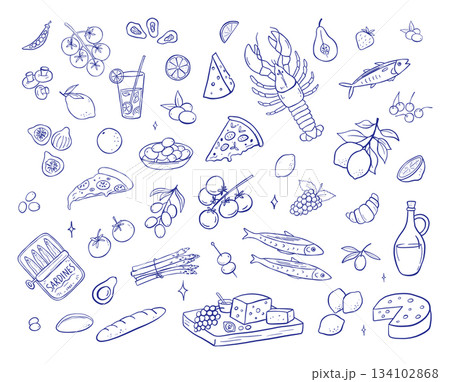 Mediterranean food collection with strawberry, seafood, lemon and pizza slice, line set. Vintage hand drawn sketch perfect for menu or picnic party designs in Greek style 134102868