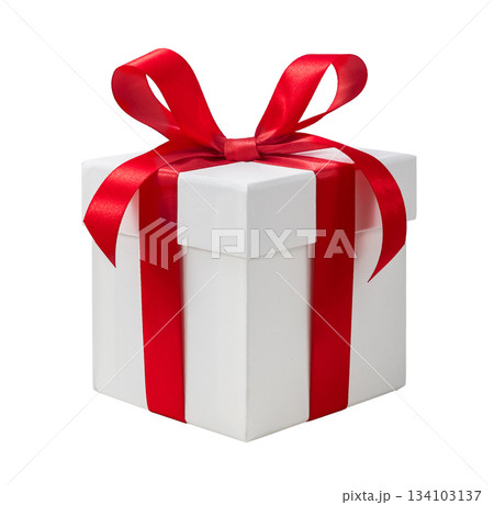 White gift box with red bow on a white background White gift box with red bow on a white background 134103137