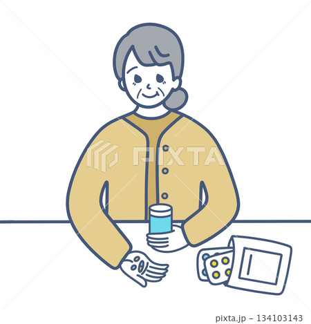 薬を飲むシニア女性のイラスト素材 134103143