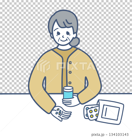 薬を飲むシニア女性のイラスト素材 134103143