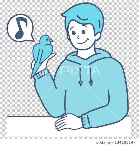 小鳥と遊ぶ男性のイラスト素材 134103147