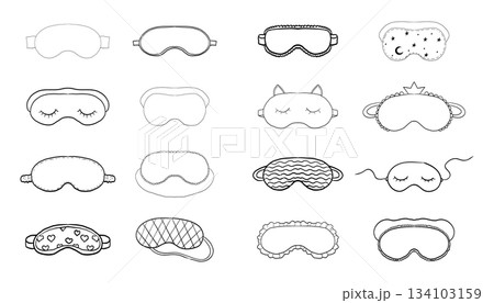 Sleep mask doodle eye relax mask doodle sketch. Night sleep accessory bedtime set hand drawn. Outline drawing line clipart.  134103159