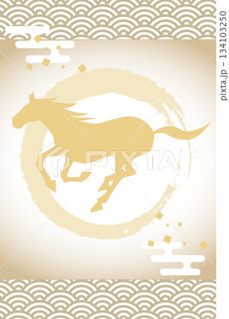 金色の馬のシルエットと和柄の背景の年賀状テンプレート 賀詞無し 金色の馬のシルエットと和柄の背景の年賀状テンプレート 賀詞無し 134103250