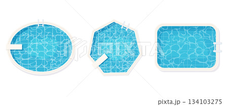 Swimming pool bottom top view with blue water waves texture set. Summer aqua surface with ripples. Spa pool geometrical shapes game texture Swimming pool bottom top view with blue water waves texture set. Summer aqua surface with ripples. Spa pool geometrical shapes game texture 134103275