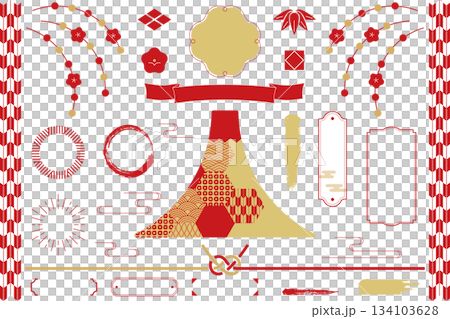 日式風格的畫框和設計材料，融合了富士山、水引、梅花、竹葉和其他日本圖案。 134103628