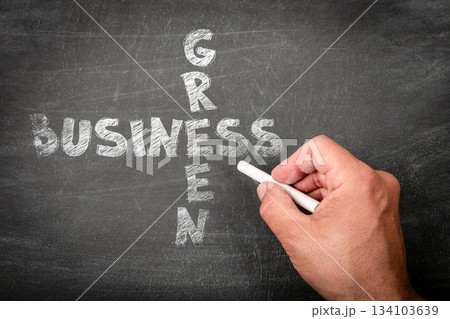 Green Business Concept Written with Chalk on Blackboard by Hand 134103639