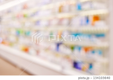 Blurred background of pharmacy shelves with various products Blurred background of pharmacy shelves with various products 134103640