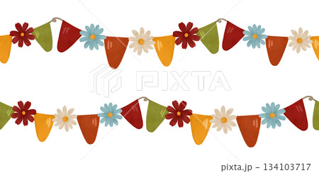 Watercolor seamless border, a garland with simple flowers, flags in autumn colors, isolated. A festive design element in flat and pastel shades 134103717