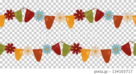 Watercolor seamless border, a garland with simple flowers, flags in autumn colors, isolated. A festive design element in flat and pastel shades 134103717