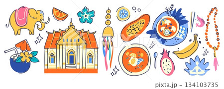 Thailand culture icons with traditional temple Thailand culture icons with traditional temple 134103735