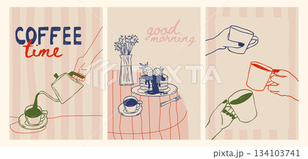Coffee crayon doodle posters with breakfast sketches Coffee crayon doodle posters with breakfast sketches 134103741