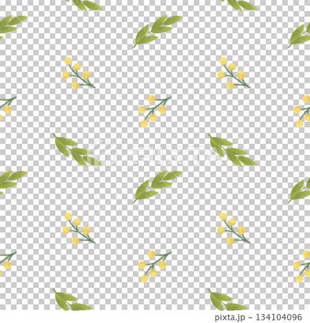 Seamless pattern with simple spring yellow flowers, twigs, leaves, green blades of grass. Handmade illustrations, watercolors, pastels. For printing design, textiles, wallpaper, and interior Seamless pattern with simple spring yellow flowers, twigs, leaves, green blades of grass. Handmade illustrations, watercolors, pastels. For printing design, textiles, wallpaper, and interior 134104096