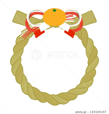 みかんと水引きや紙垂の付いたしめ縄のイラスト みかんと水引きや紙垂の付いたしめ縄のイラスト 134104147