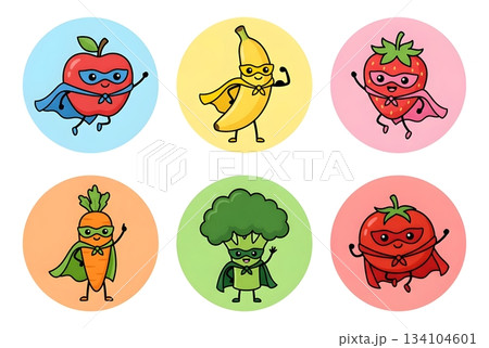Set of cute superhero fruits and vegetables in round badges: apple, banana, strawberry, carrot 134104601