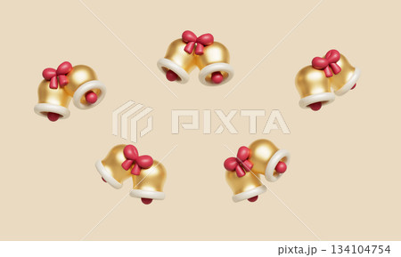 Golden Bell with Red Ribbon. 3D Rendering. 134104754