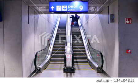 Warsaw, Poland. 28 November 2025. A display above the entrance to the escalator leading to one of the many platforms at Warszawa Zachodnia railway station. Warsaw, Poland. 28 November 2025. A display above the entrance to the escalator leading to one of the many platforms at Warszawa Zachodnia railway station. 134104813