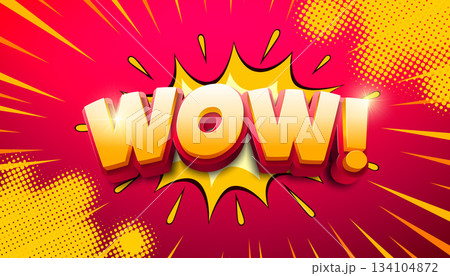 Comic Wow Design with Colorful 3d Cartoon Font on Retro Background. Vector Premium Typography Lettering Illustration Template for Greeting Card, Banner, Flyer, Invitation, Brochure or Promotional 134104872