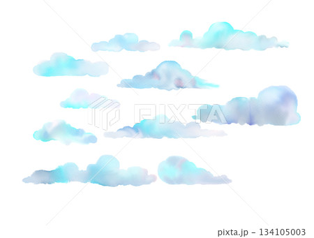 Pastel blue cartoon clouds isolated on white background. Hand drawn watercolor illustration. 134105003