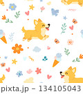 Seamless pattern with funny cartoon corgis dogs. Great for fabric, textile 134105043