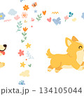 Seamless pattern with funny cartoon corgis dogs. Great for fabric, textile 134105044
