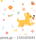 Seamless pattern with funny cartoon corgis dogs. Great for fabric, textile 134105045