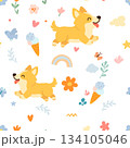 Seamless pattern with funny cartoon corgis dogs. Great for fabric, textile 134105046