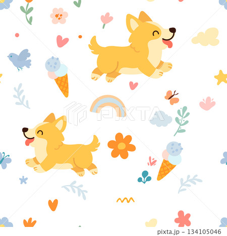 Seamless pattern with funny cartoon corgis dogs. Great for fabric, textile 134105046