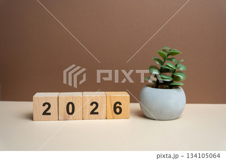 Blocks 2026 and flower on the table. Beginning of a new year. Plan, planning and achieving goals. Copy space 134105064