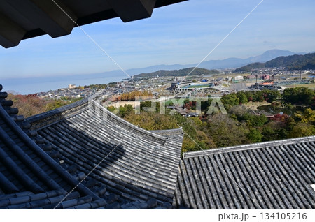 天守閣内から眺める琵琶湖と玄宮園(彦根城) 天守閣内から眺める琵琶湖と玄宮園(彦根城) 134105216