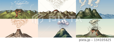 Moody volcano eruption landscape scenes. Volcanic activity and explosion, lava coming out of Moody volcano eruption landscape scenes. Volcanic activity and explosion, lava coming out of 134105825