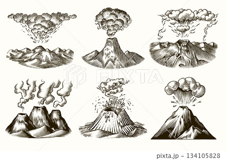 Volcano eruption or explosion sample icon design for inspiration. Hand drawn woodcut or engraved 134105828
