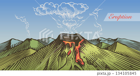 Moody volcano eruption landscape scene. Volcanic activity and explosion, lava coming out of mountain 134105845