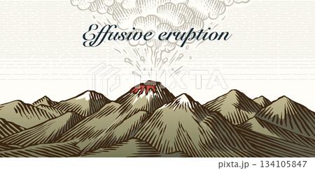 Moody volcano eruption landscape scene. Volcanic activity and explosion, lava coming out of mountain 134105847