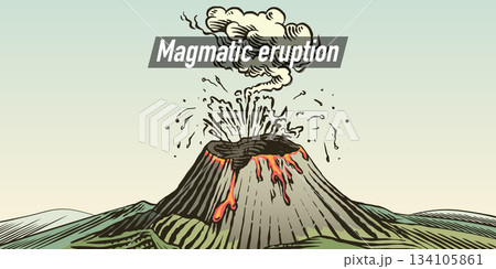 Moody volcano eruption landscape scene. Volcanic activity and explosion, lava coming out of mountain Moody volcano eruption landscape scene. Volcanic activity and explosion, lava coming out of mountain 134105861
