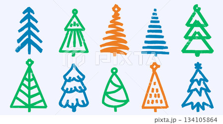 Set of Christmas tree icons in grunge style. Bald hand brushed lines for emblems or Christmas 134105864