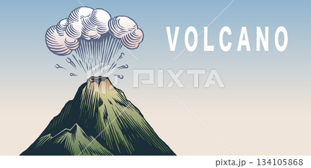 Moody volcano eruption landscape scene. Volcanic activity and explosion, lava coming out of mountain Moody volcano eruption landscape scene. Volcanic activity and explosion, lava coming out of mountain 134105868