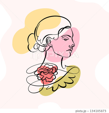 Beautiful one line woman face. Made with only one line. Hand drawn continuous drawing for perfume 134105873