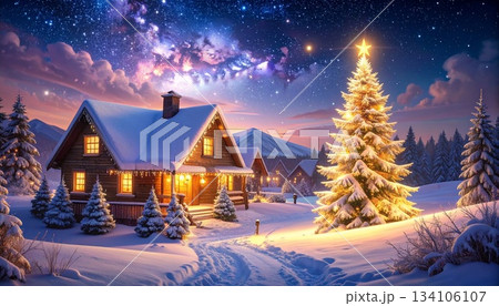 夕暮れの光が染める雪と家並みの景色1 134106107