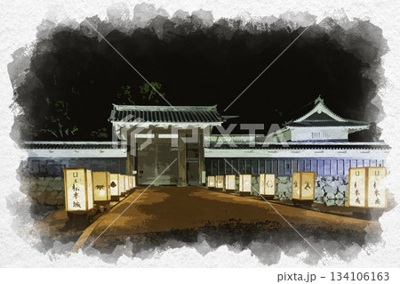 水彩画風　松本城　高麗門　長野県松本市 134106163