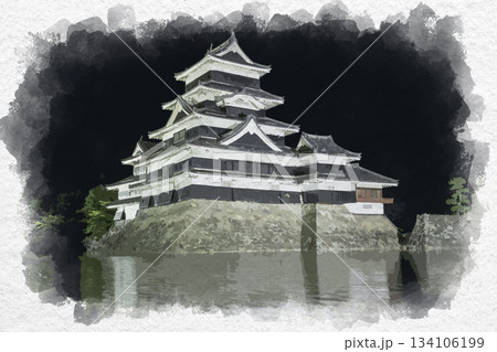 水彩画風　松本城　天守閣　長野県松本市 134106199