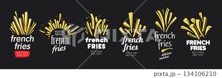 A set of vector hand-drawn French fries logos A set of vector hand-drawn French fries logos 134106210