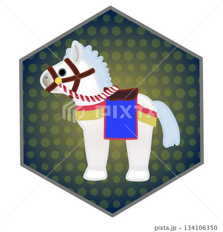 六角背景付き干支の馬人形イラスト 134106350