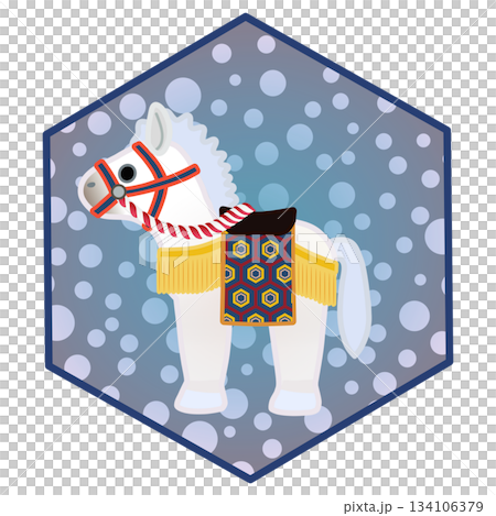 一幅以六角形背景為襯託的中國十二生肖馬玩偶插圖 134106379