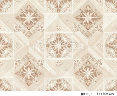 Flooring sample. Ceramic tiles with geometric patterns. Material for interior in natural color. Texture of building materials. Design mockup and background. 134106389