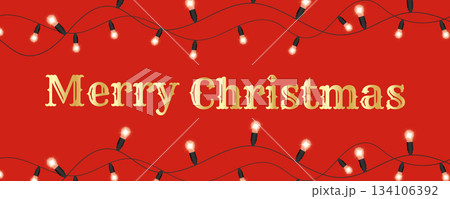 Christmas greeting banner with glowing string lights on red background and golden Merry Christmas text holiday illustration 134106392